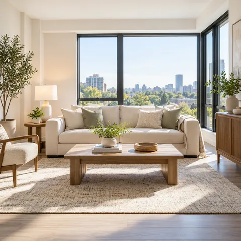 Illustrative bright apartment living room for a real estate listing.